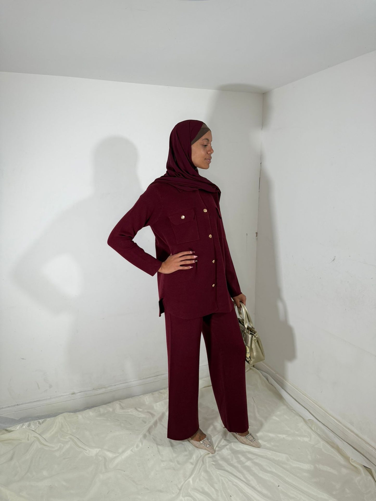 gold button jumper co-ord