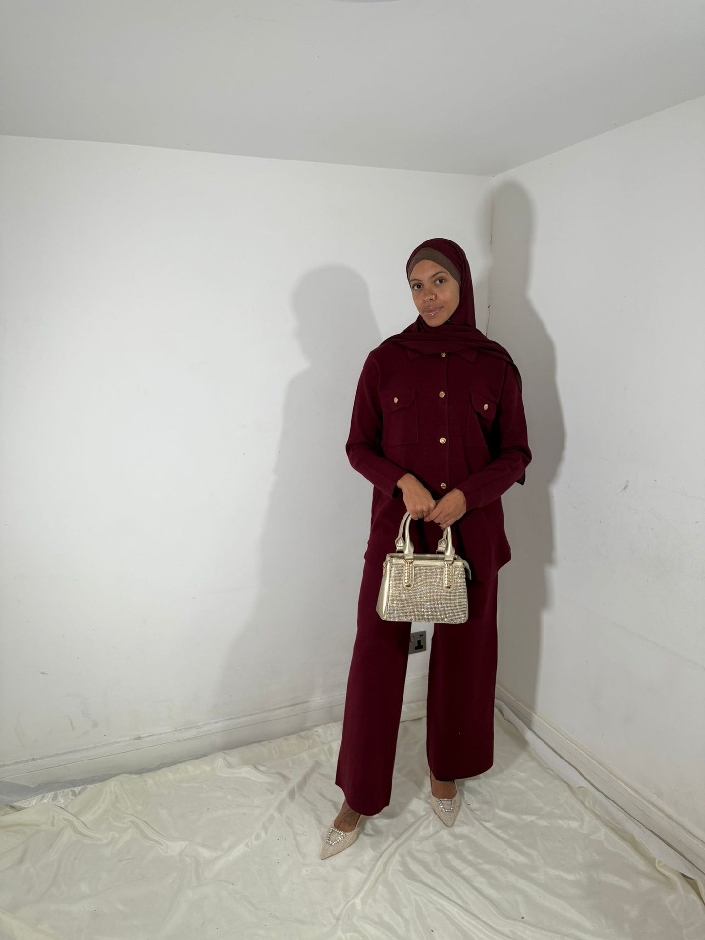 gold button jumper co-ord