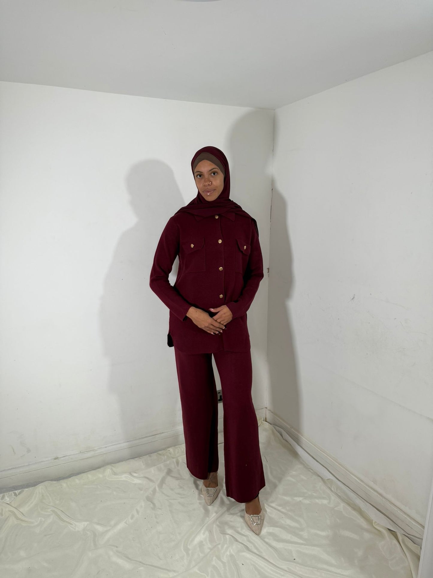 gold button jumper co-ord